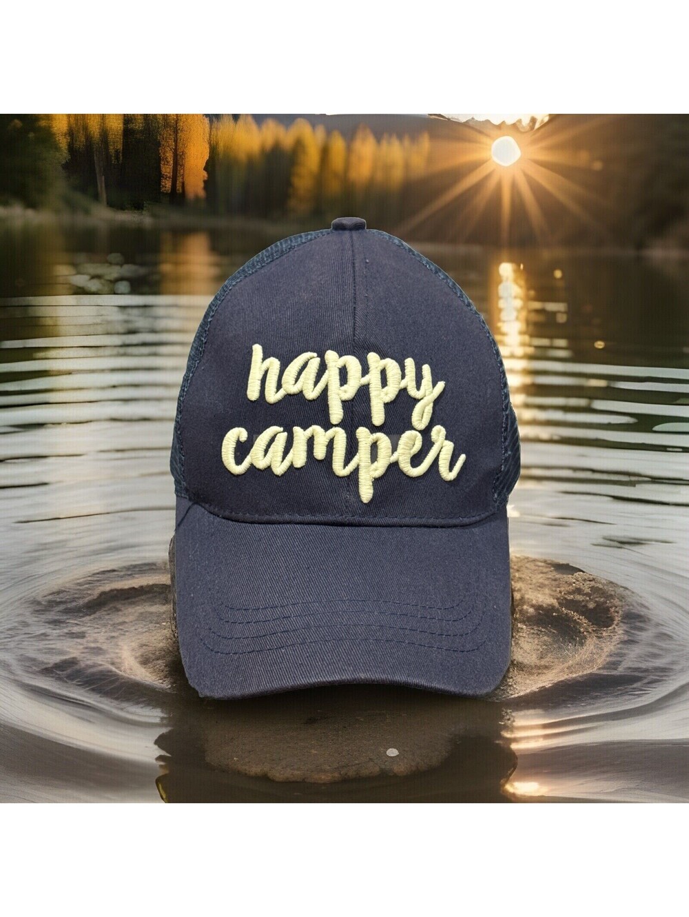 Women’s Happy Camper Optimist Content Ponytail Mesh SnapBack Blue Baseball Cap